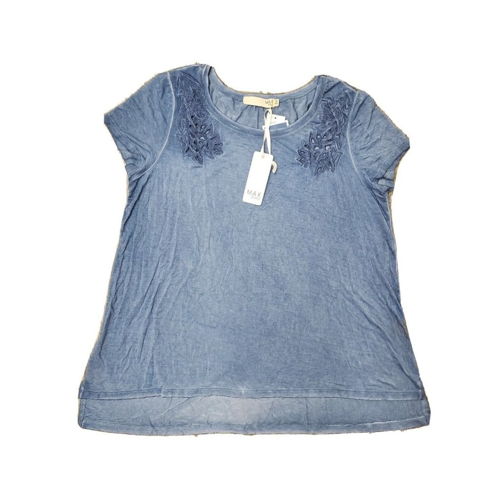NEW Max Jeans Women's M Blue Top Cutouts Stretch Short Sleeve Longer Back NWT